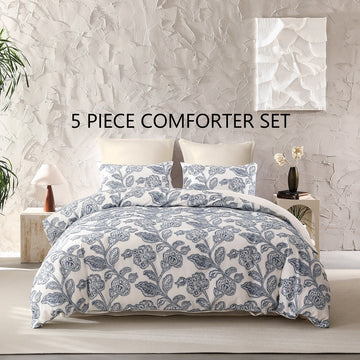 Textured Floral Cotton Comforter 5 Piece Set