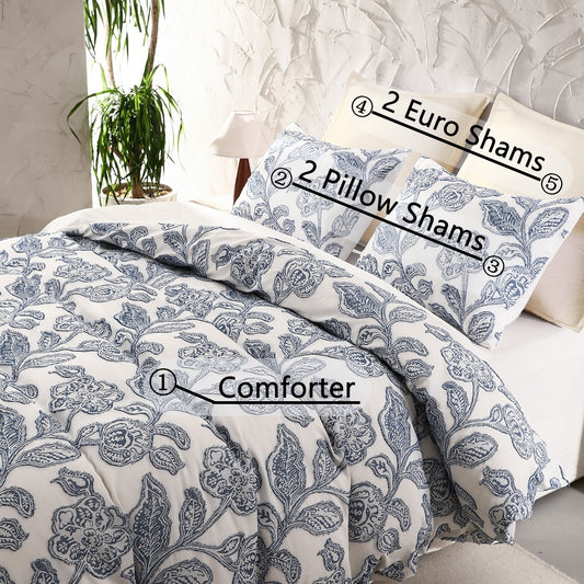 Textured Floral Cotton Comforter 5 Piece Set