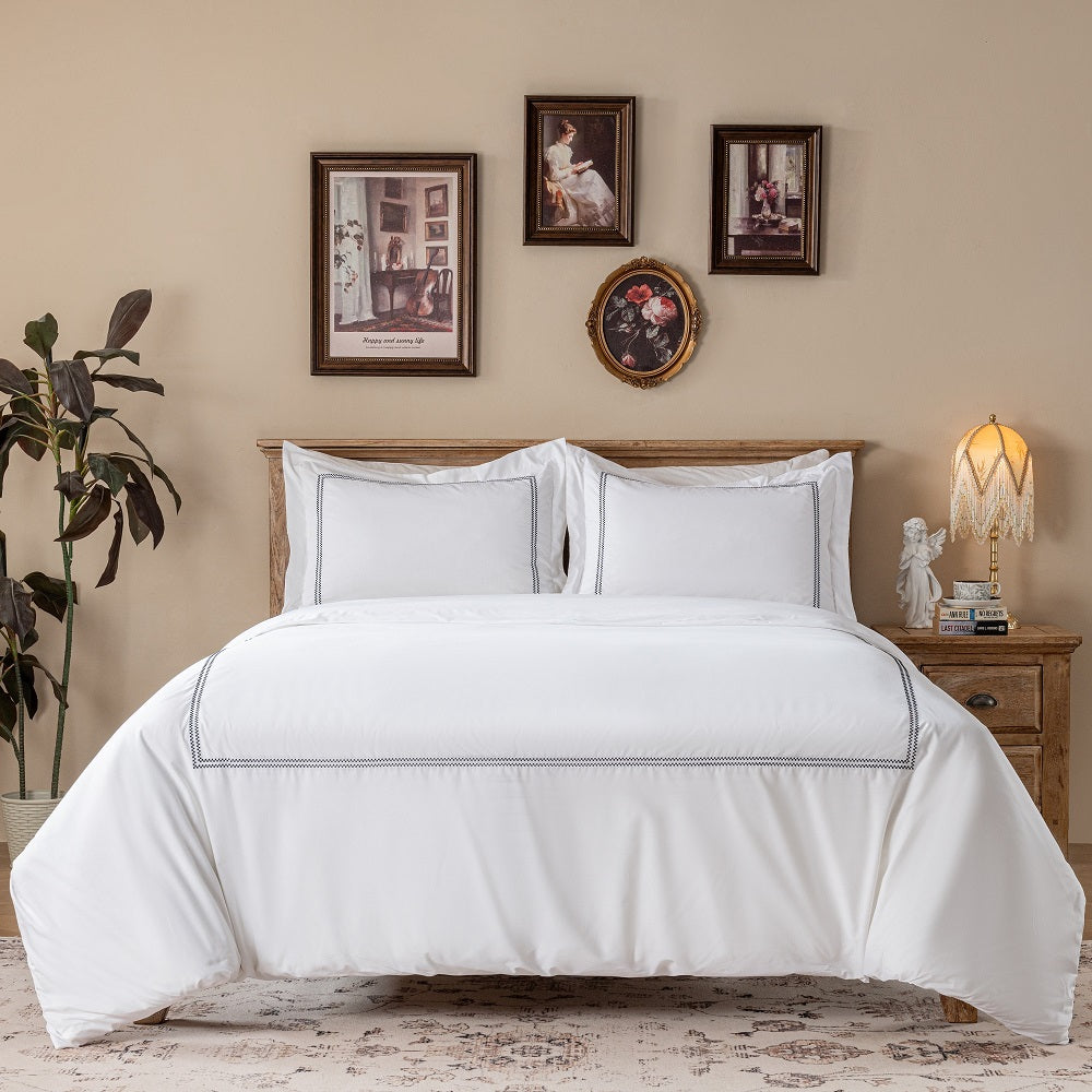 Cotton Percale Hotel Duvet Cover Set, Check Embroidery